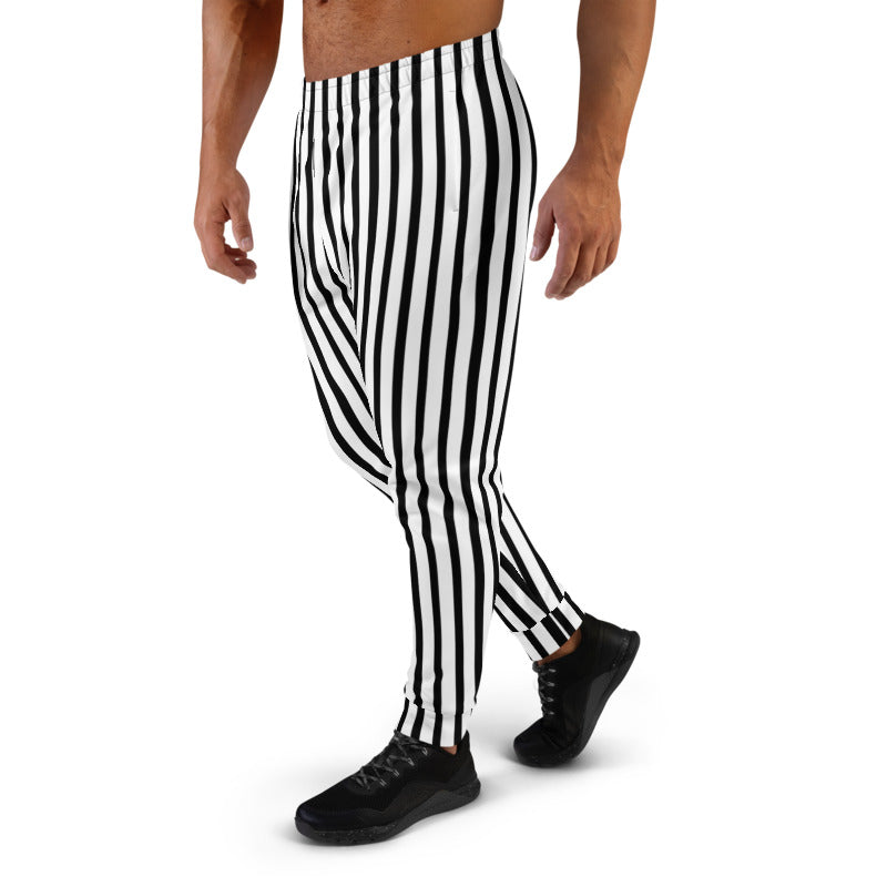Black White Striped Men's Joggers, Modern Minimalist Vertical Stripe ...