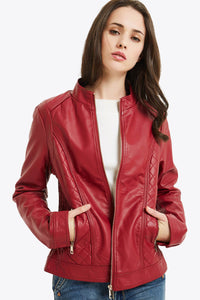 Zip Up PU Leather Jacket with Pockets