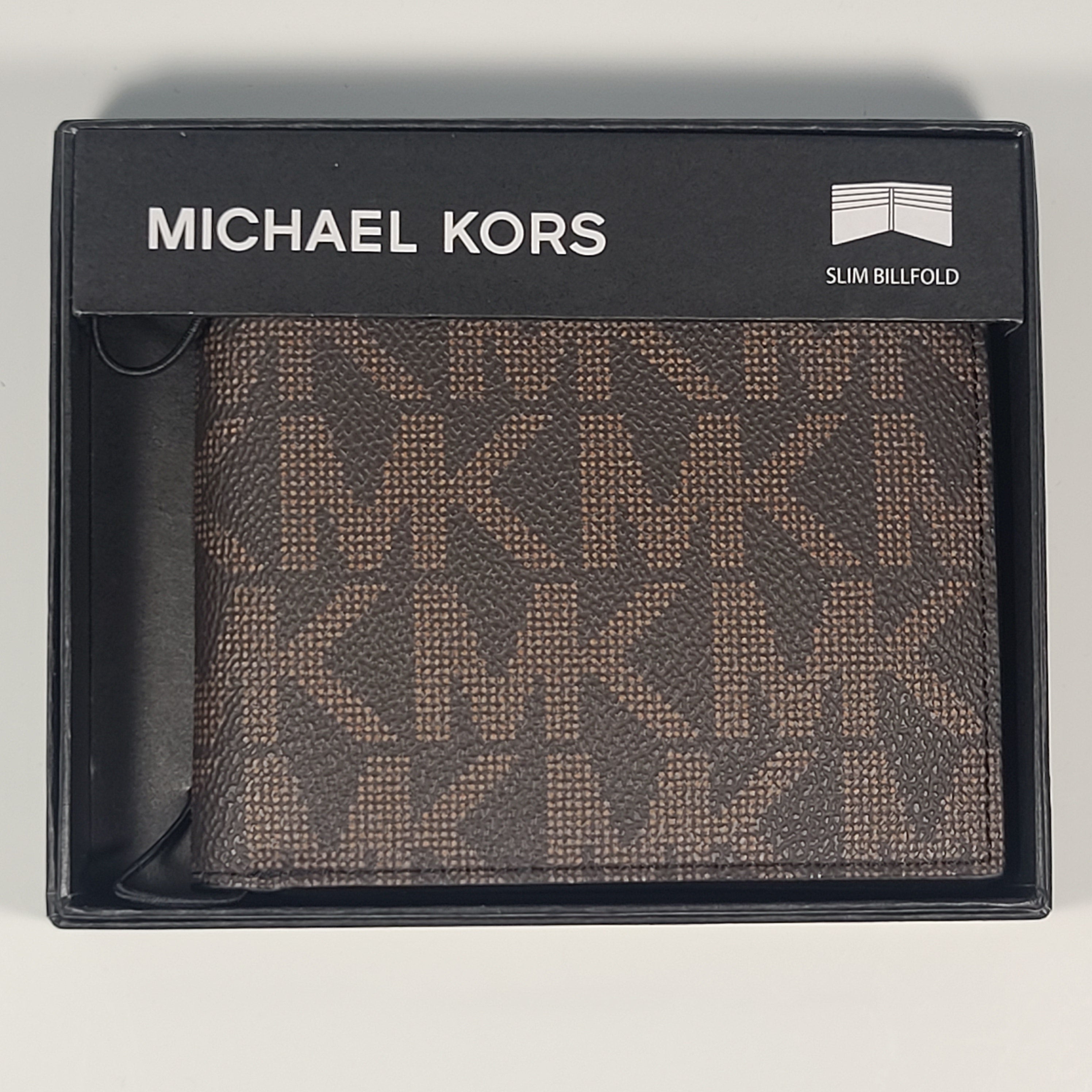 Michael Kors Men's "Jet Set" Bifold Black Brown MK Canvas Slim Billfold Wallet 86F2SMNF5B