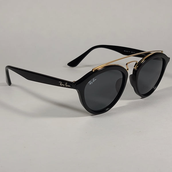 Ray-Ban Small Gatsby Round Sunglasses Shiny Black Frame Gold Trim Gree