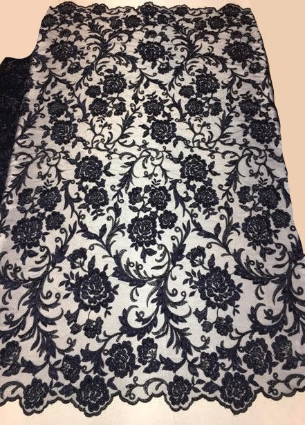 Black Floral Pattern Scalloped Edge Eyelash Lace Fabric - OneYard