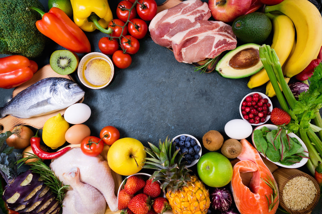 Variety of meat, fruits and vegetables