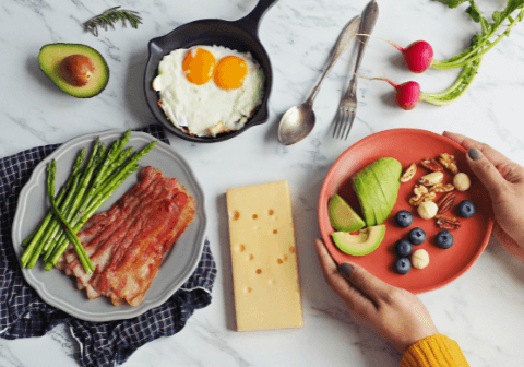 A spread of keto food, including eggs, cheese, bacon, asparagus, avocado, blueberries, nuts, and radishes, on a marble counter