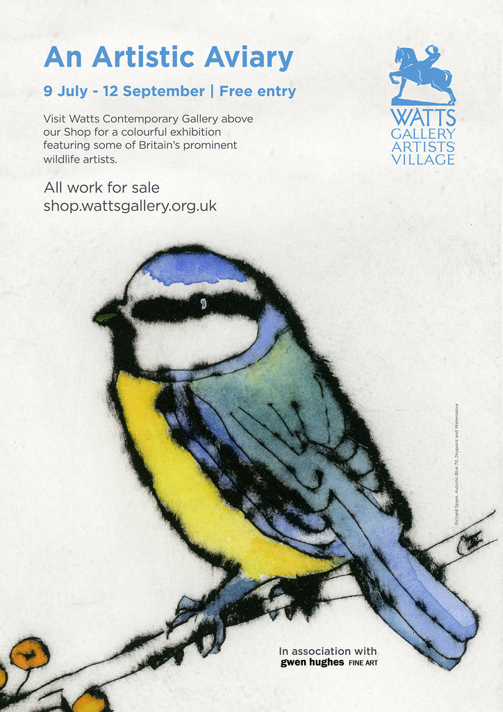 The A2 exhibition poster for 'An Artistic Aviary' at the Watts Contemporary Gallery, featuring Richard Spare's Autumn Blue Tit