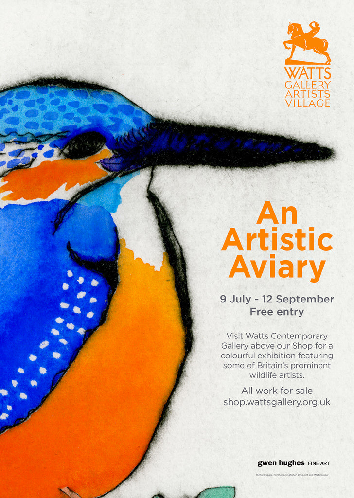 Detail of the The A4 exhibition poster for 'An Artistic Aviary' at the Watts Contemporary Gallery, featuring Richard Spare's Perching Kingfisher