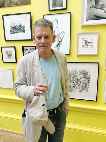 Richard Spare in front of his artwork 'Redwing in the Rain' on Varnishing Day, at the Royal Academy of Arts Summer Exhibition 2022. Photo by artist and friend Nana Shiomi.