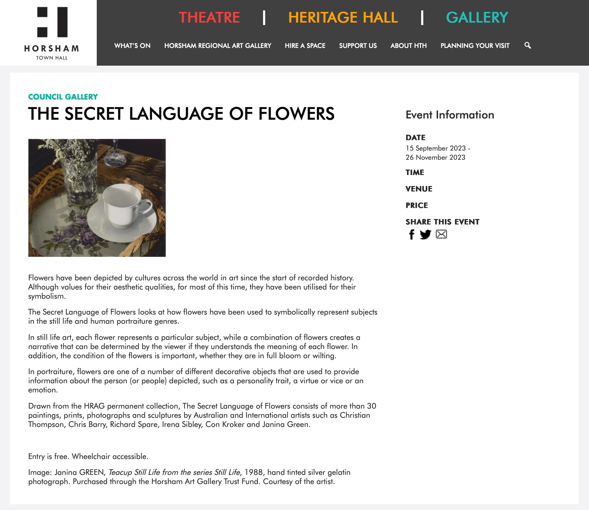 Description of the exhibition 'The Secret Language of Flowers' at Horsham Regional Art Gallery, Victoria, Australia.