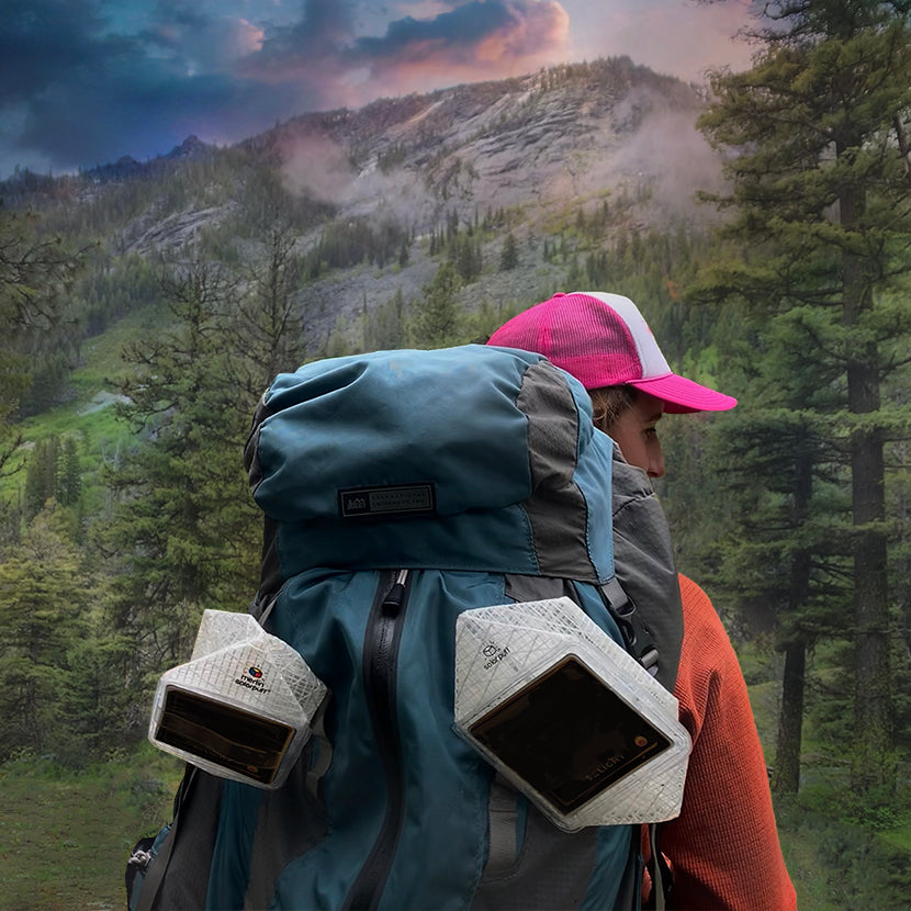 Solar Lanterns on Woman's Backpack for Camping Trip