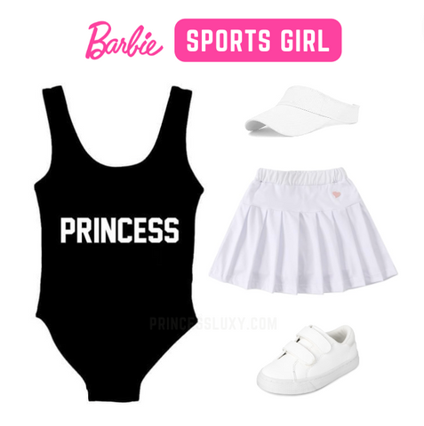 kids "princess" swimsuit styled look. Features white tennis skirt, visor and velcro sneakers