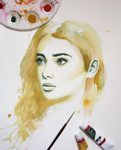 Watercolour painting of woman with yellow hair