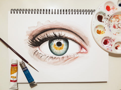 Watercolour painting of eye with paints
