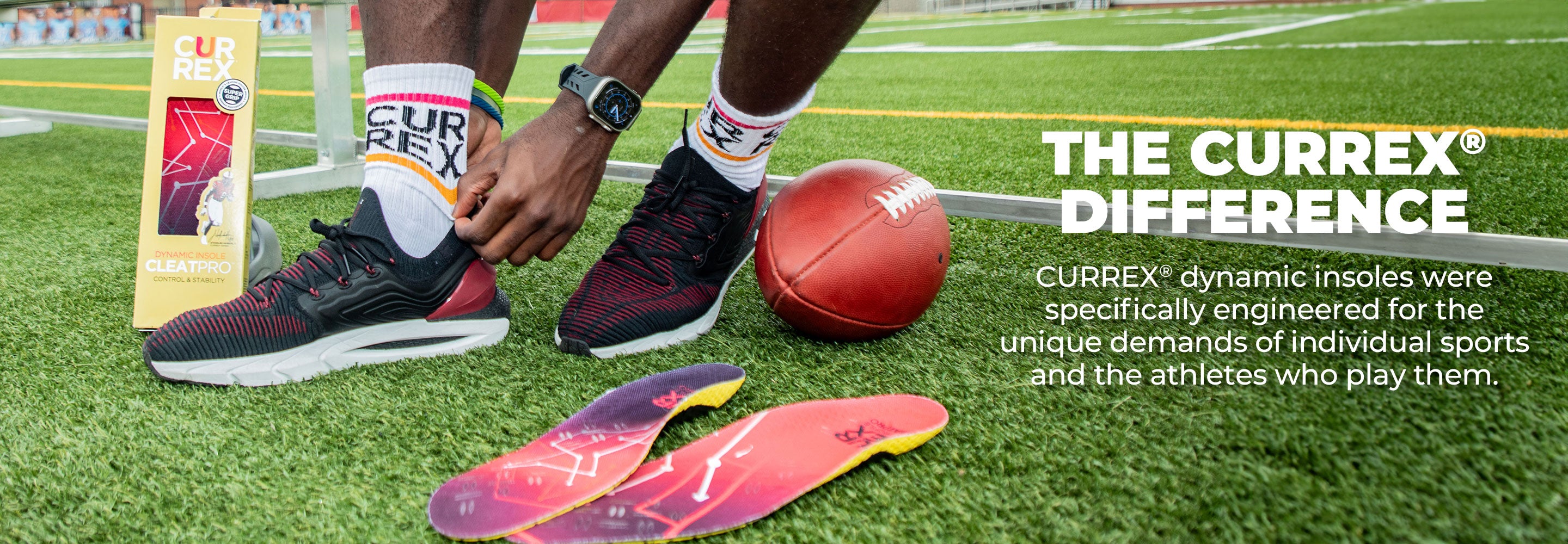 Nyck Harbor wearing CURREX socks, sitting on bench in field with football and CURREX CLEATPRO insoles. The CURREX® Difference: CURREX® dynamic insoles were specifically engineered for the unique demands of individual sports and the athletes who play them.