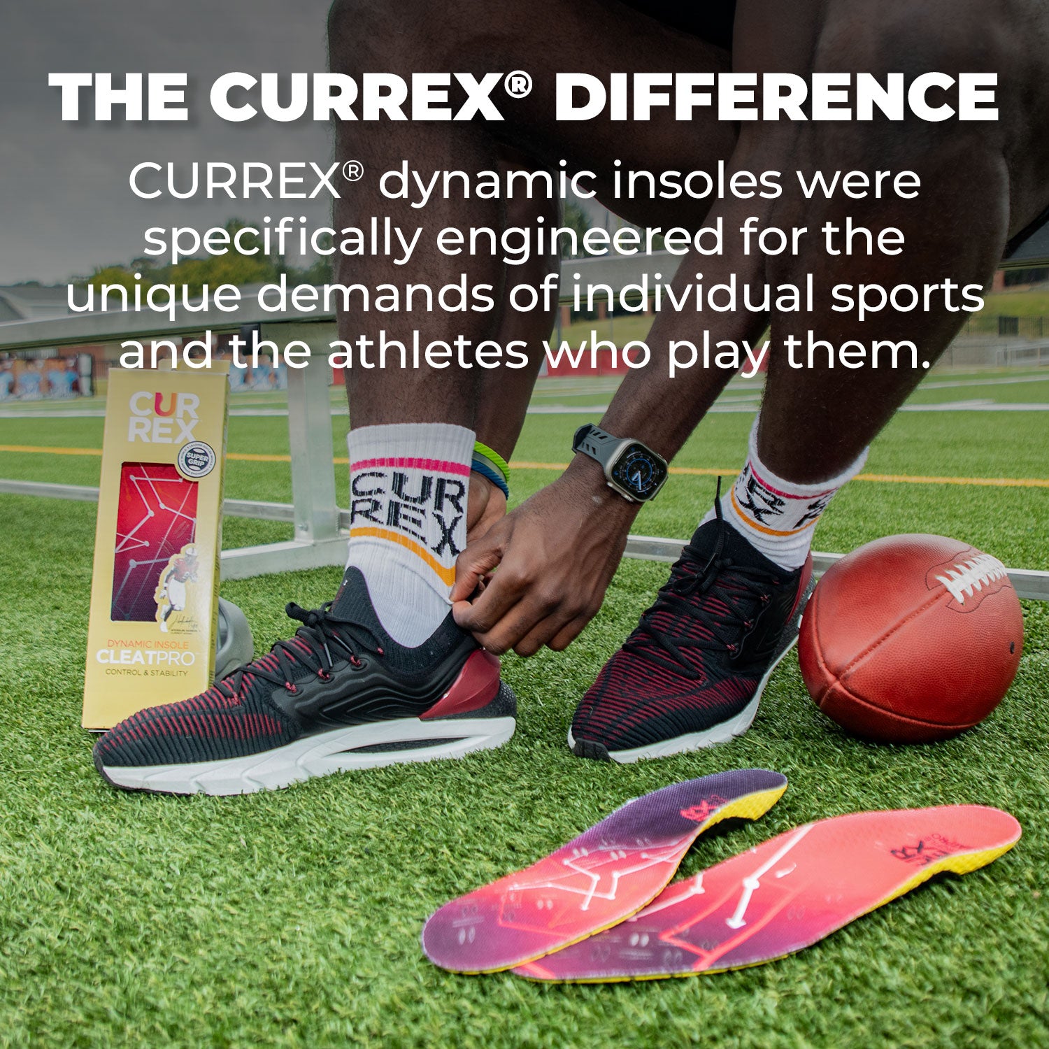 Nyck Harbor wearing CURREX socks, sitting on bench in field with football and CURREX CLEATPRO insoles. The CURREX® Difference: CURREX® dynamic insoles were specifically engineered for the unique demands of individual sports and the athletes who play them.
