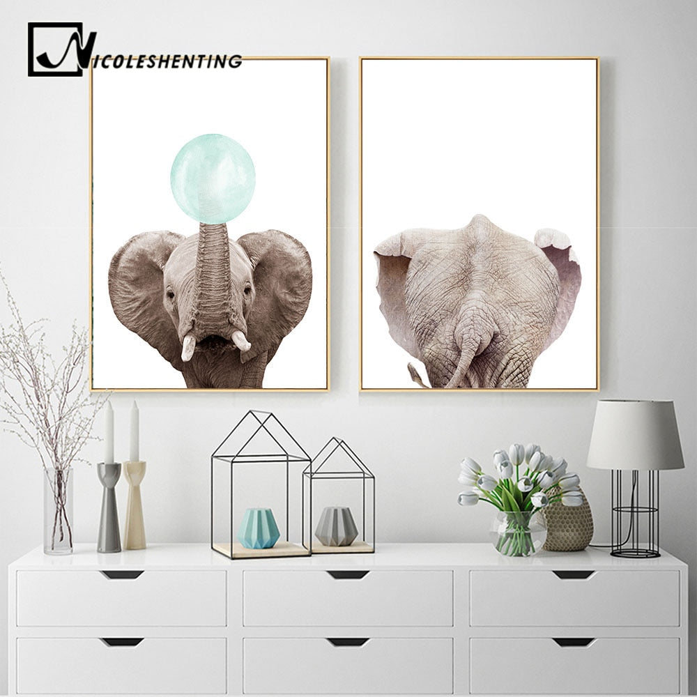 Woodland Animal Gum Bubble Canvas Poster Elephant Wall Art Nursery