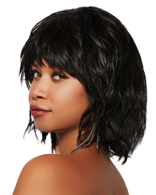 Short Human Hair Wig/ Layered Jet Black Feathered Bang Tapered 