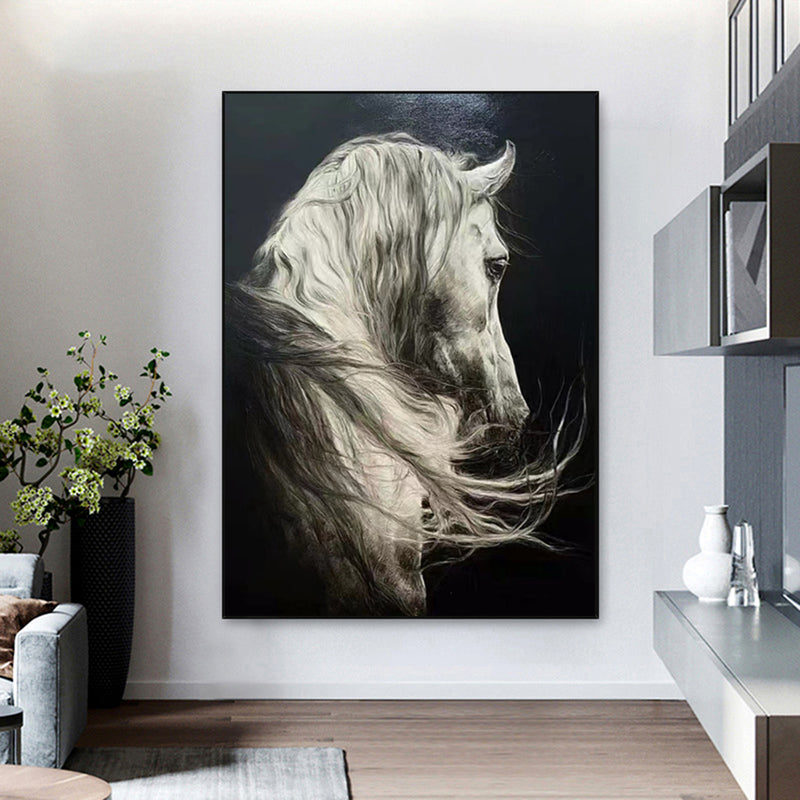 Large White Horse Oil Painting Wild Horse Canvas Art Black and White ...