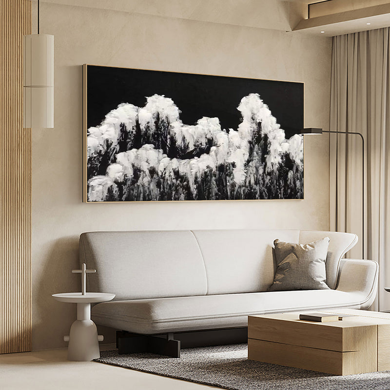 Large Black White Ocean Wave Abstract Painting Panoramic Wall Art Huge ...