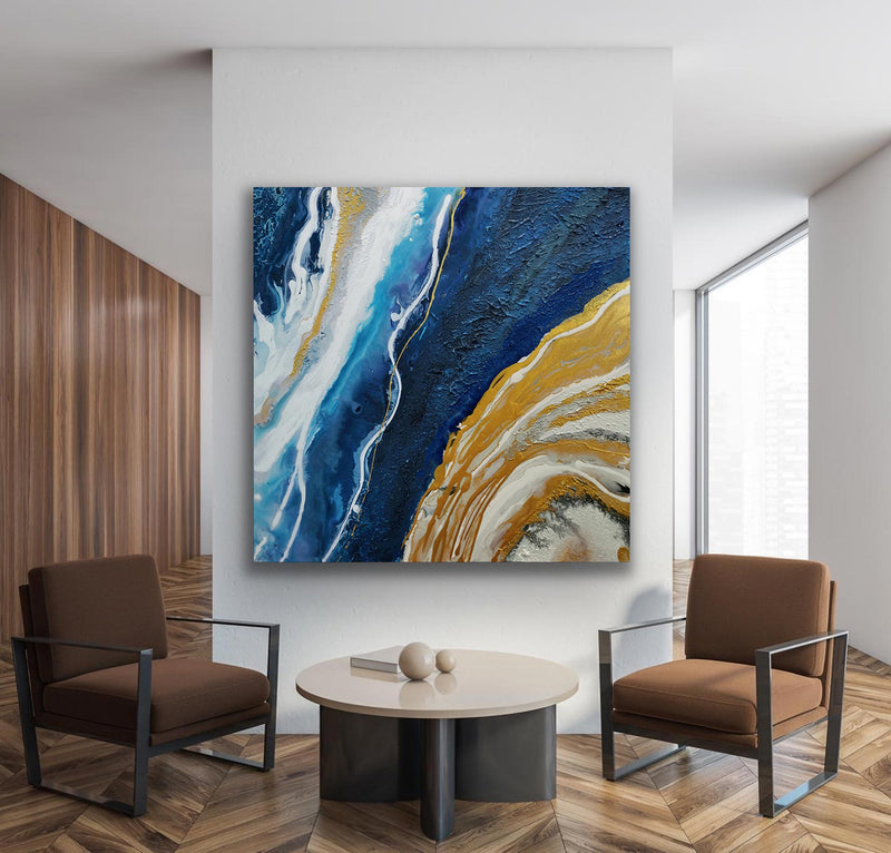 Gold And Blue Abstract Art Large Square Modern Canvas Art Abstract ...