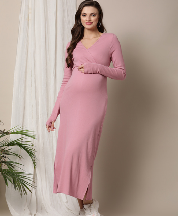 pregnant woman wearing a pink rib-knit crossover dress