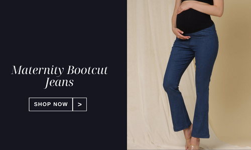 Maternity bootcut jeans highlighting stretchy waistband