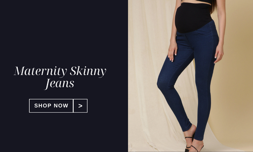 Maternity skinny jeans highlighting stretchy waistband