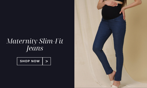 Maternity slim-fit jeans highlighting stretchy waistband