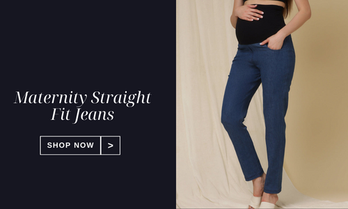 Maternity straight-fit jeans highlighting stretchy waistband