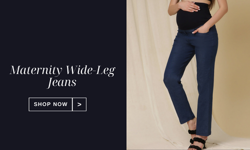 Maternity wide-leg jeans highlighting stretchy waistband