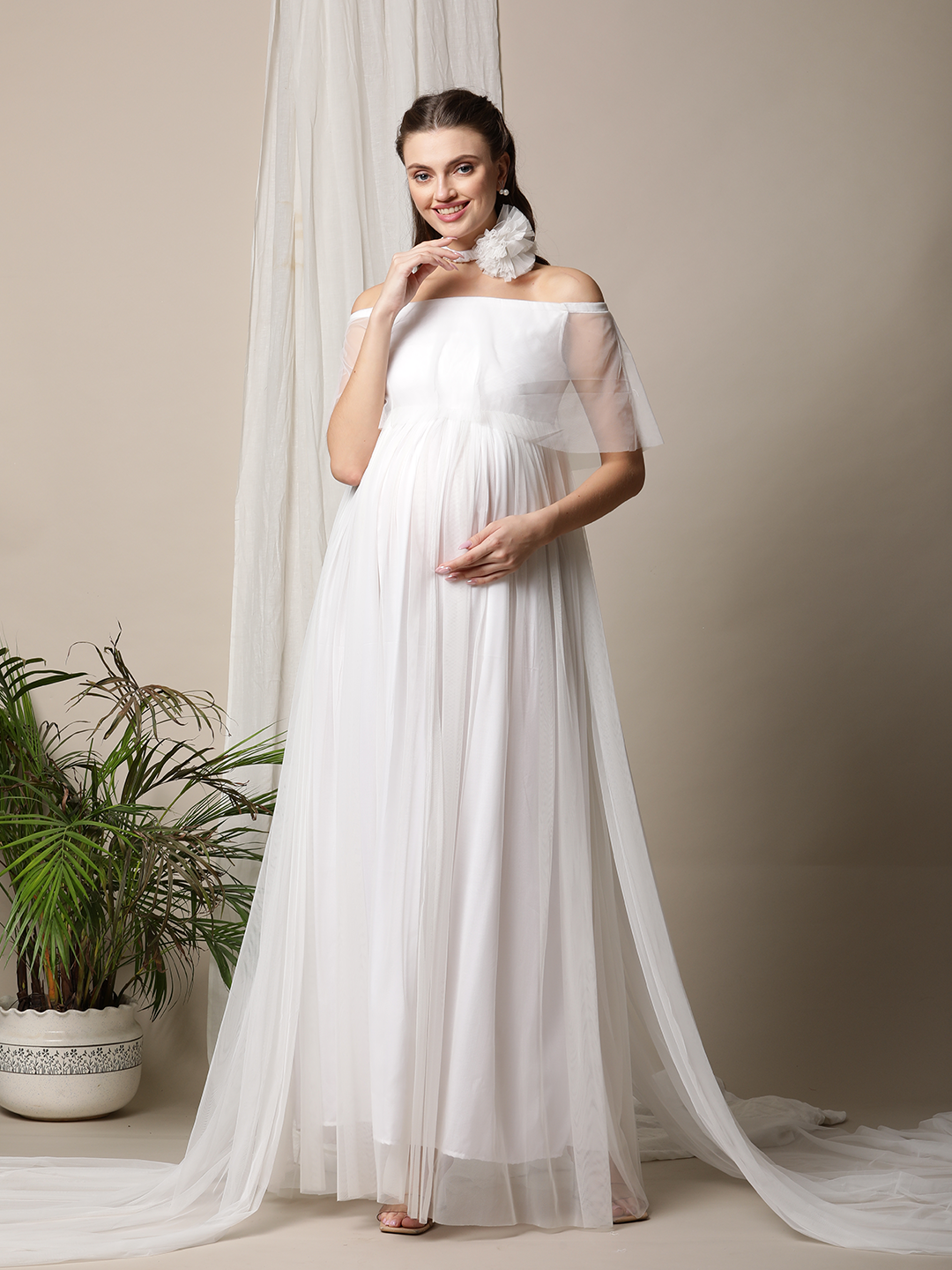 Off-Shoulder Maternity Photoshoot Gown - White | Wobbly Walk