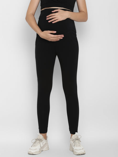 Set of Maternity Full Sleeves Feeding T-Shirt with Over Belly Legging - Black