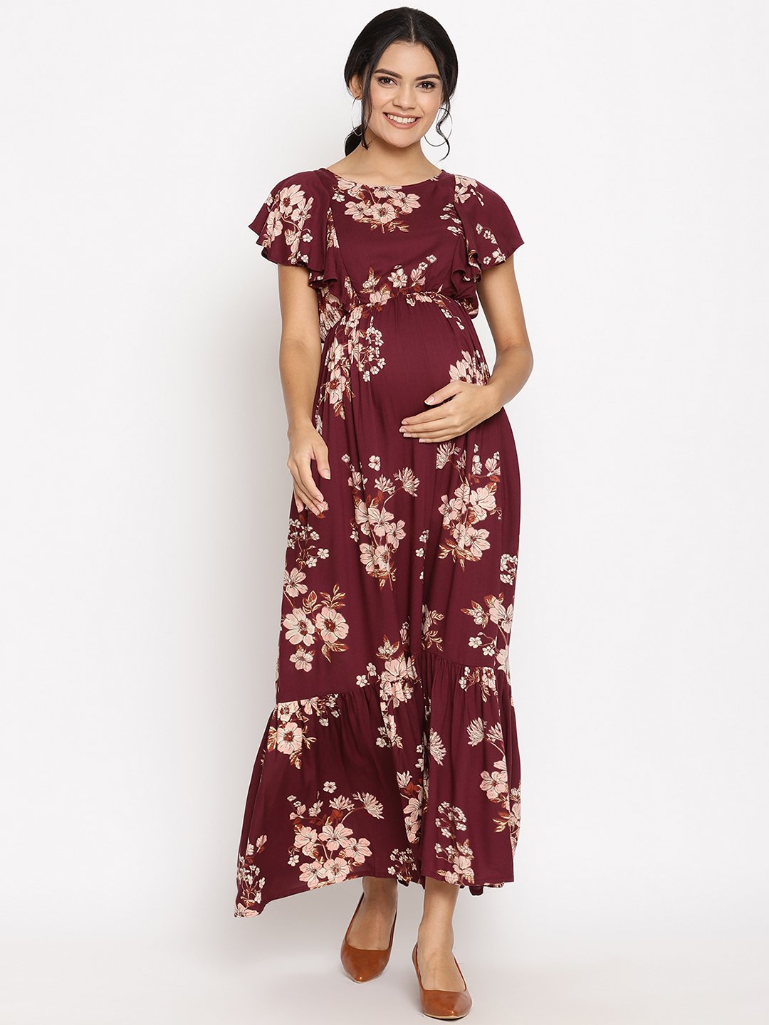 Summer Maternity Long Maxi Dress with Zip - Floral Print