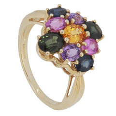 A modern, 9ct yellow gold, sapphire & tourmaline set cluster ring