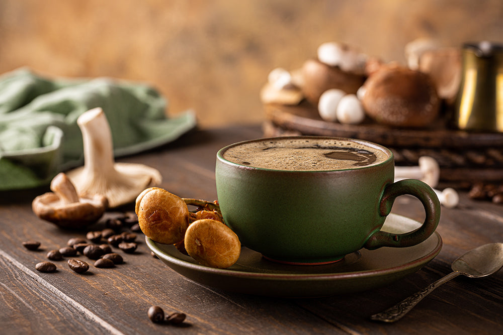 Mushroom coffee on a table with various mushrooms on the background