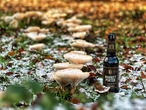 Bottle of Market Porter on the frosty ground surrounded by wild mushrooms