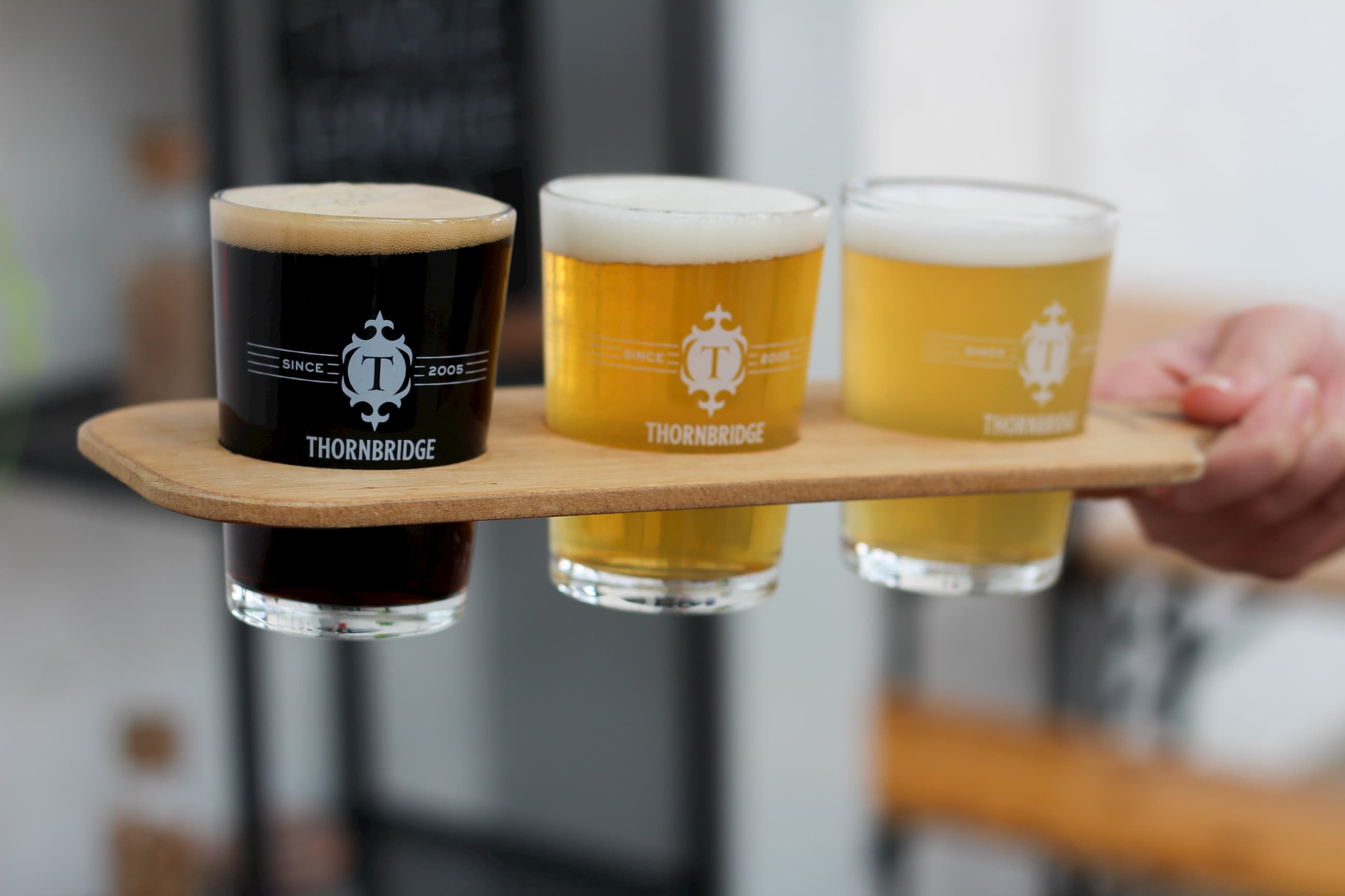 Thornbridge Wooden Beer Flight Paddle and 3 x 1/3rd of a pint glasses