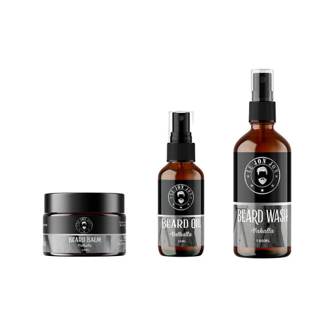 Beard oil bottles and beard balm jar