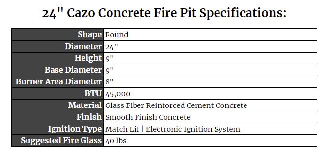 24" Cazo Concrete Fire Bowl Specs