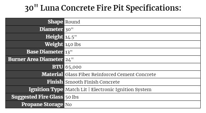 30" Luna Concrete Fire Pit Specifications
