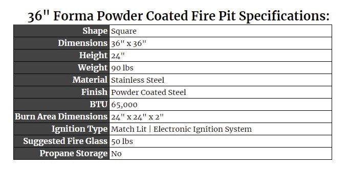 36" Forma Powder Coated Fire Pit Specs