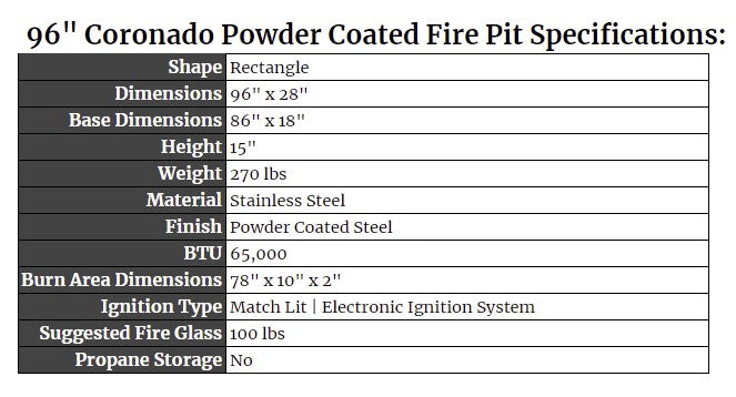 96" Coronado Powder Coated Fire Pit Specs