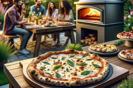 AI generated- outdoor pizza oven in a backyard with freshly made pizzas, people in background.