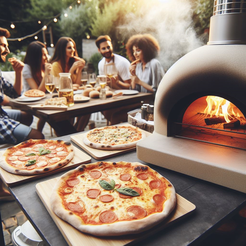 AI generated_ Burning Pizza Oven with several pizzas in front and people enjoying them in background