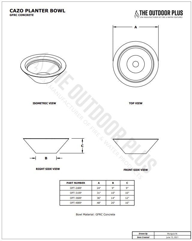 Cazo Concrete Planter Bowl Specs Sheet