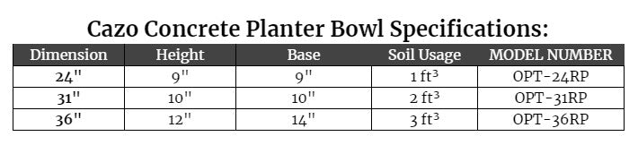 Cazo Concrete Planter Bowl Specs