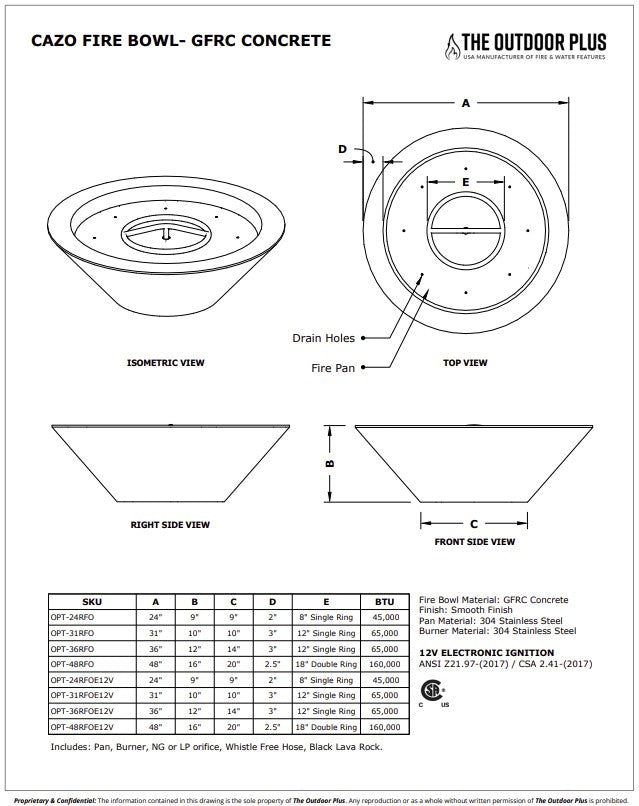 Cazo Concrete Fire Bowl Specs Sheet