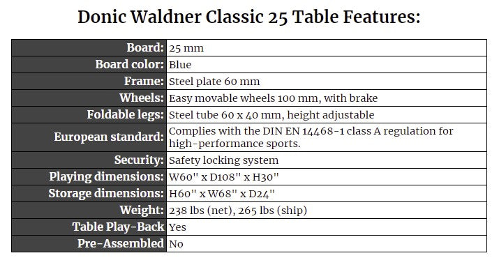Donic Waldner Classic 25 Table Features
