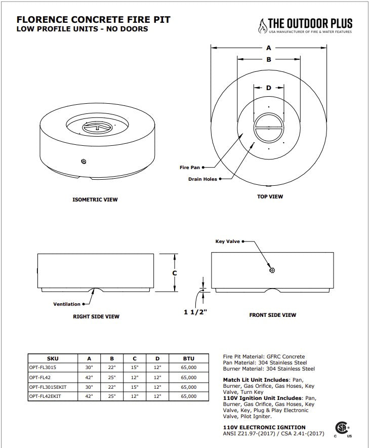 42" Florence Fire Pit Specs Sheet