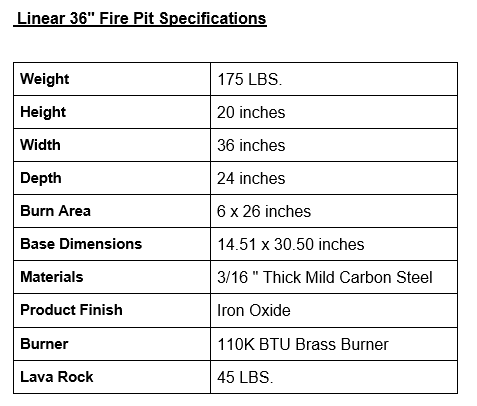 Linear 36" Fire Pit Specifications