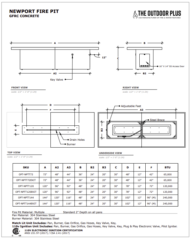 Newport Fire Table Specification Sheet