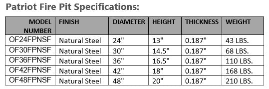 Patriot Fire Pit Specs